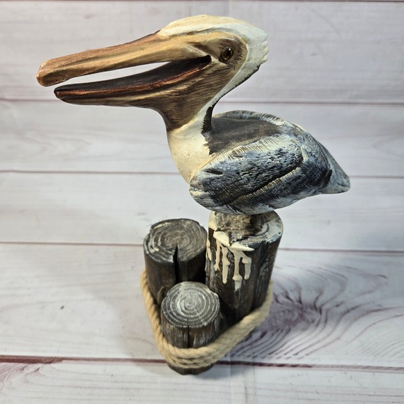 Other - Pelican Statue Wood Carved Bird on Pier - Coastal Decor Nautical‎ Theme